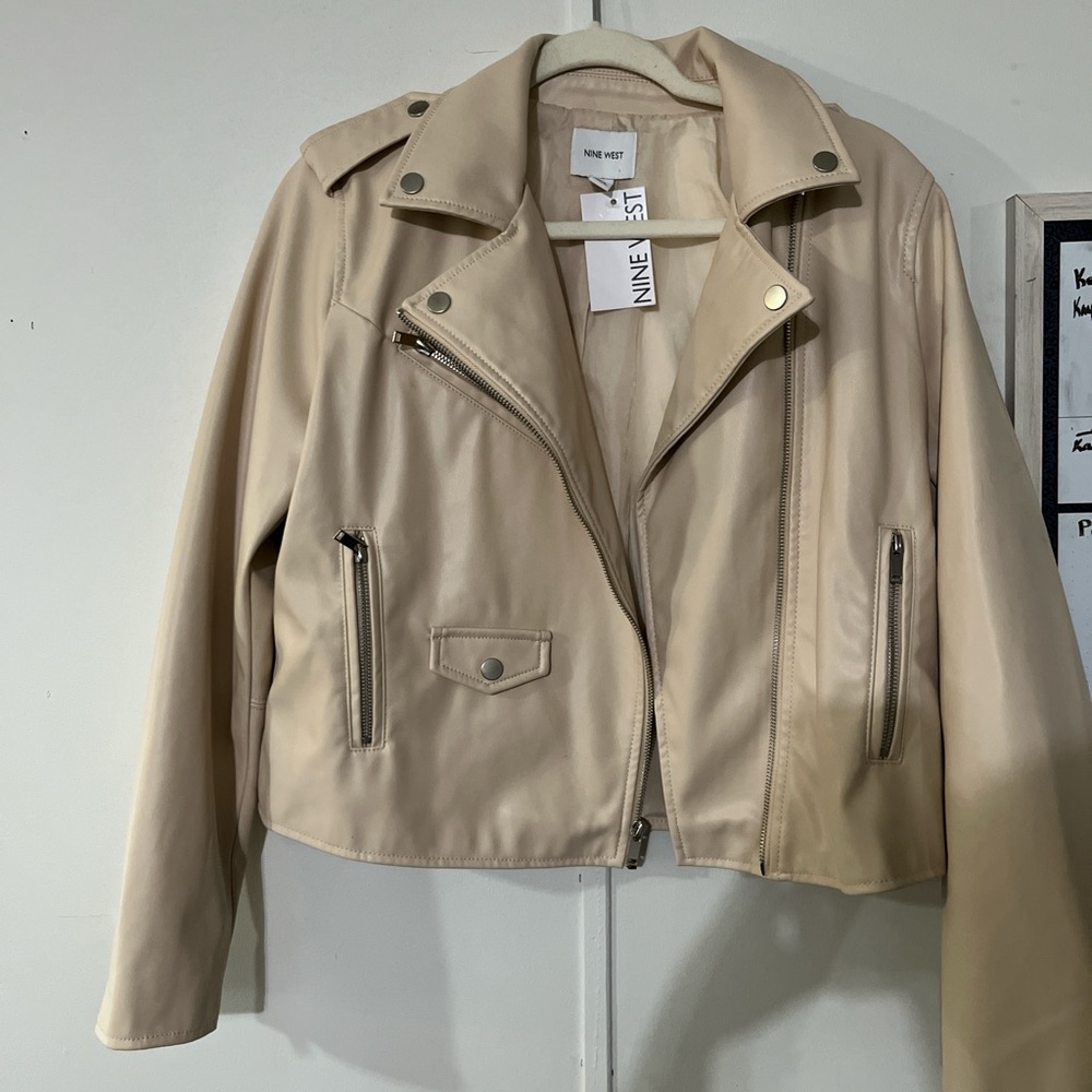Nine West Women's Cream Leather Biker Jacket